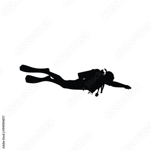Black silhouette of a scuba diver underwater exploring marine life