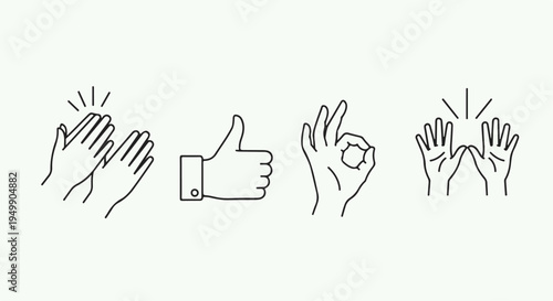 Modern Line Art Hand Gestures Icon Set with Thumbs Up, Clapping, OK Sign, and Raised Hands Vector isolated PNG with Transparent Background