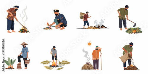 Vector illustration set of Southeast Asian men wearing masks while burning dry leaves, trash, and agricultural waste in a traditional rural village setting.