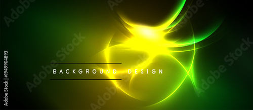 Abstract vibrant design features glowing yellow center, green energy flows. Dark background enhances luminosity, creating dynamic visual impact.