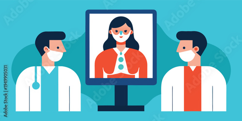 Two male doctors in white lab coats and face masks looking at a digital monitor displaying a female medical professional also wearing a protective face mask.