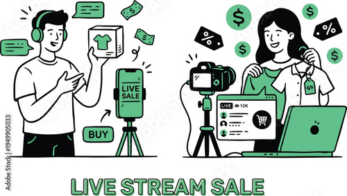 Live Stream Sale Concept with Content Creators Broadcasting Online Shopping