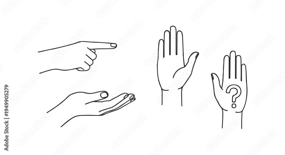 Fototapeta premium Line art hand gestures set: pointing, offering, stop, and question mark symbols isolated PNG with Transparent Background