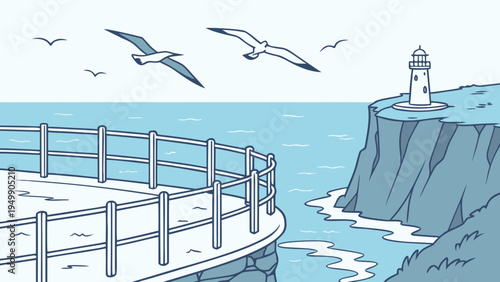 Coastal Cliff View with Ocean and Lighthouse Vector