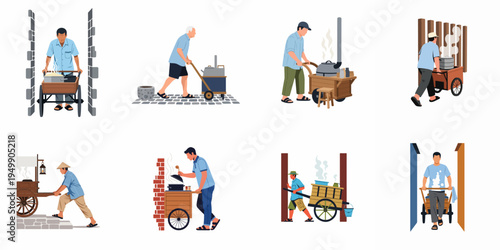 Flat vector illustrations of traditional street food vendors operating mobile carts, cooking, and pushing their stalls in an urban environment.