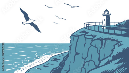 Coastal Cliff View with Ocean and Lighthouse Vector