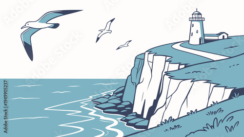Coastal Cliff View with Ocean and Lighthouse Vector