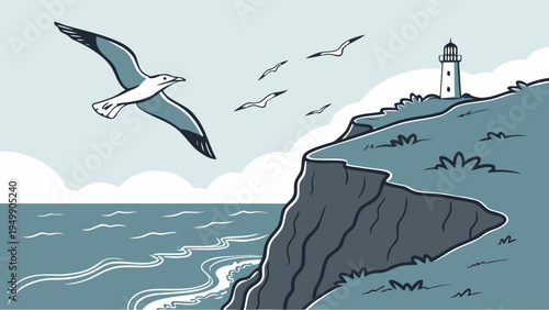 Coastal Cliff View with Ocean and Lighthouse Vector