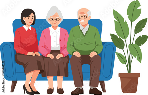 Young caregiver sitting with elderly couple on sofa, senior care support and family assistance vector illustration
