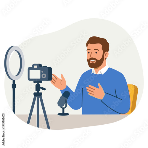 A man records a video on a camera with a ring light and microphone on a table indoors.