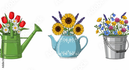 Vibrant flowers in watering cans and metal bucket colorful floral arrangement