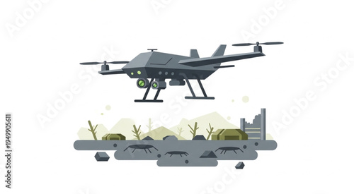 Military Drone Over War-Torn Landscape Illustration.