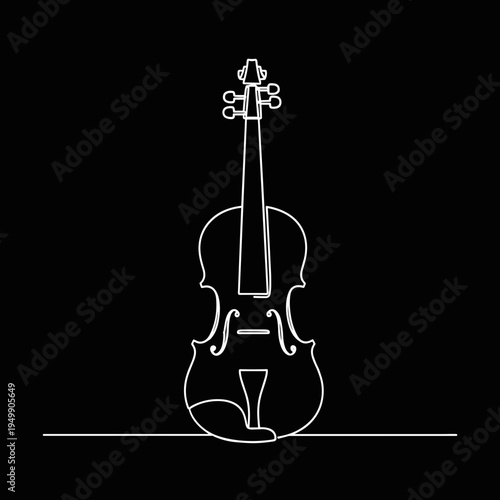 Linear drawing of violin in white line on black background, concept of classical music and string instrument  