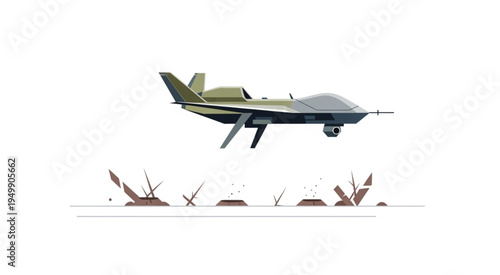 Military Drone Flying Over Barbed Wire Obstacles on a White Background.