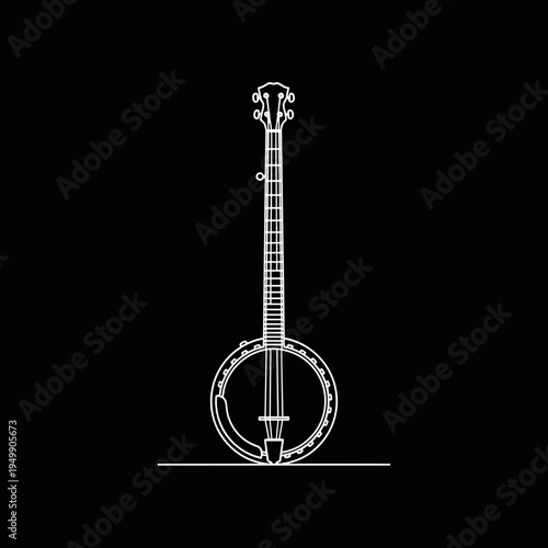 Linear drawing of banjo in white line on black background, concept of folk music and acoustic instrument  