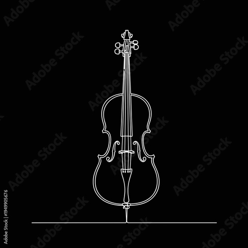 Linear drawing of cello in white line on black background, concept of classical music and string instrument  