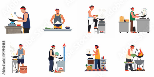 Set of diverse Asian street food chefs and vendors cooking with woks, fire, and professional kitchen equipment in various outdoor and indoor settings.