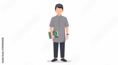 Minimalist vector illustration of a young Muslim man standing and holding a book in one hand