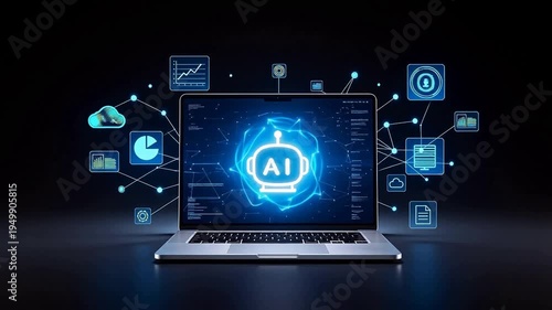 Wallpaper Mural AI technology concept: Laptop displaying a robot icon with floating data analytics, cloud, network, and document icons — futuristic digital intelligence and automation. Torontodigital.ca
