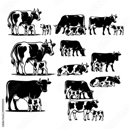 Cow and calf silhouettes and different poses farm animal line art
