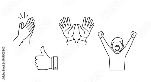 Line art vector icon set of positive gestures: clapping hands, thumbs up, and cheering person isolated PNG with Transparent Background