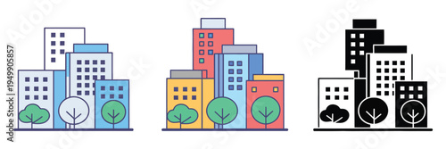 City multiple icon pack, vector symbols representing cityscape, streets, public buildings, and metropolitan elements