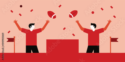 Two men in red shirts throwing red footballs upward in a minimalist setting with flags and confetti on pink background.