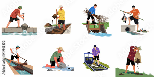Collection of illustrations depicting men performing manual labor tasks for community sanitation, drain cleaning, and water management.