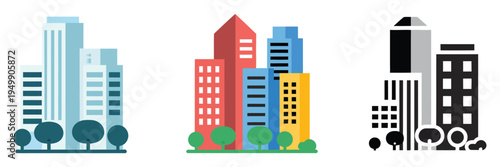 City multiple icon set, vector illustrations of urban buildings, skyscrapers, landmarks, and infrastructure