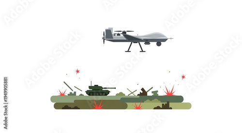 Drone warfare illustration with tank and explosions on battlefield.