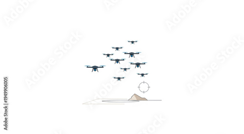 A swarm of drones flying over a sandy beach with a ring.