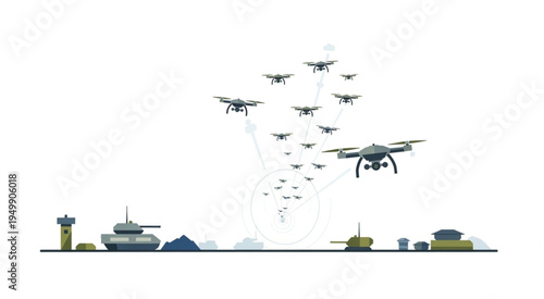 Drones swarm over military base, showcasing modern warfare technology.