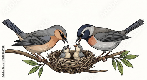 Two birds feeding chicks in nest on branch with leaves illustrating parental care and nurturing in nature