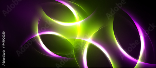 Abstract design features vibrant purple, green light curves. Dynamic composition creates flowing energy, modern aesthetic.