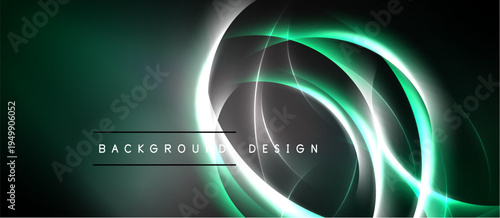 Abstract design features glowing curves, dark background. Green, white elements create dynamic visual effect. Modern, sleek presentation.