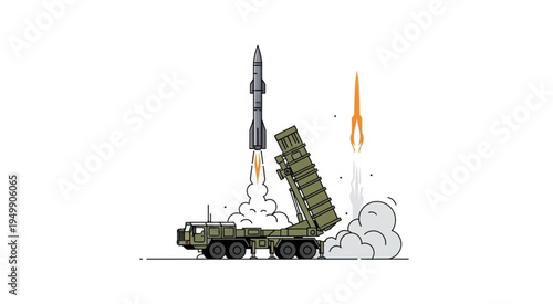 Illustration of a missile launcher firing a missile into the sky.