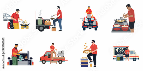 Collection of flat vector illustrations showing men preparing and selling street food from mobile food trucks and outdoor cooking stations.