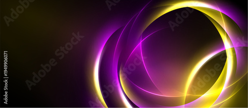 Abstract design features glowing rings, purple, yellow hues. Dark background creates dramatic visual impact. Modern, dynamic composition.
