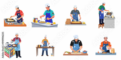 Flat illustration set of street food vendors preparing, cooking, and serving traditional martabak with various toppings in a commercial kitchen or stall.