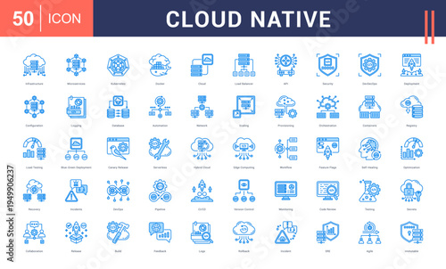 Cloud Native Icon Set. infrastructure, microservices, kubernetes, docker, cloud and more. Blue Style vector icons collection.