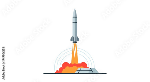 Rocket Launching into Space with Fiery Exhaust Plume.