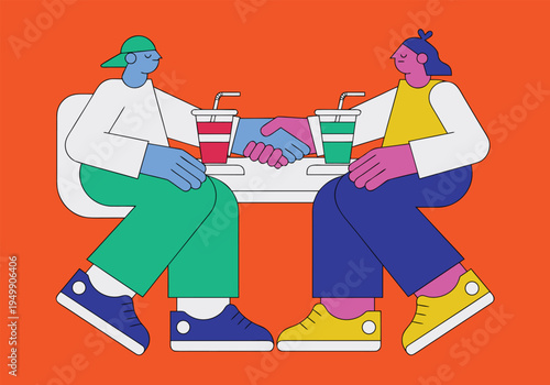 Two cartoon people sit at an orange table and shake hands over drinks.