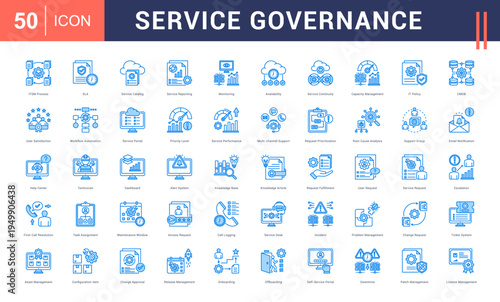 Service Governance Icon Set. itsm process, sla, service catalog, service reporting, monitoring and more. Blue Style vector icons collection.