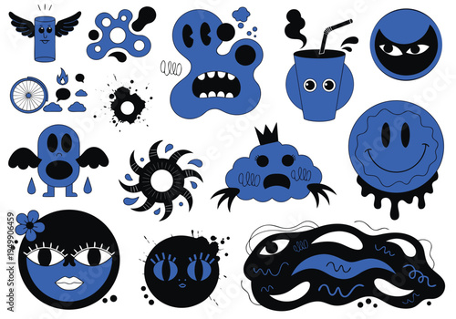 Fifteen blue and black abstract character faces sit on a white field.