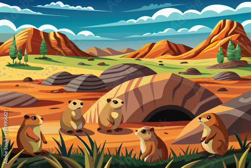 Black-Tailed Prairie Dog Colony Badlands Vector Illustration