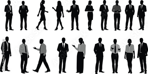 Set of diverse business people silhouettes in professional attire, showcasing various standing and interacting poses for corporate, employment, finance, and teamwork themes.