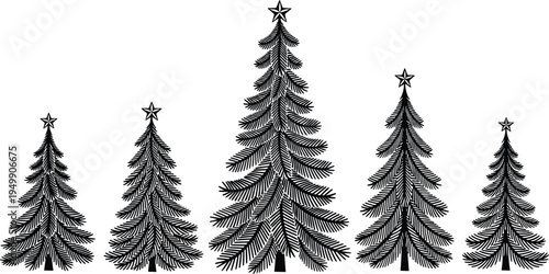 Set of five decorative black silhouette Christmas pine trees with stars, cad drawing flat vector illustration