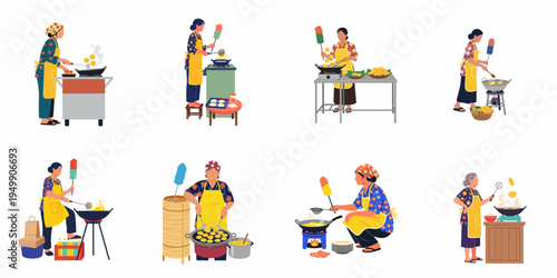 Illustrations of Asian women street food vendors cooking traditional snacks in woks and steamers, isolated on a white background.