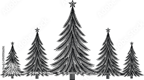 Set of five hand drawn sketch style Christmas pine trees with stars, cad drawing flat vector illustration