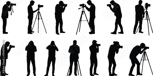 Silhouettes of photographers with cameras, tripods, and creative poses, capturing photography techniques, professional equipment usage, artistic photographer stances
